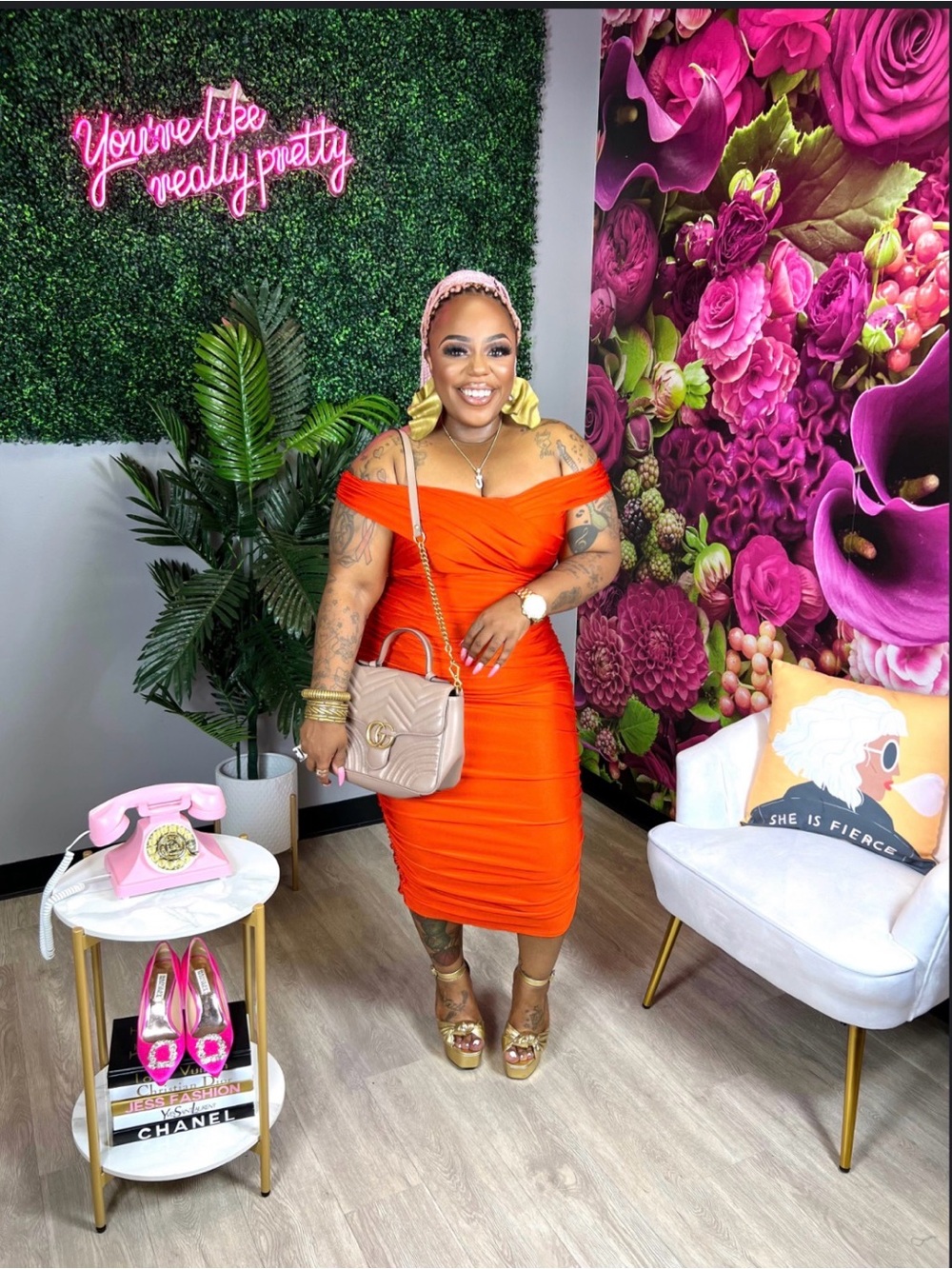 Off-Shoulder Orange Ruched Bodycon Dress